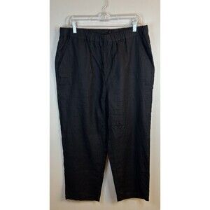 QUINCE 100% Organic Linen Pant Women Medium Wide Leg Black Elastic Waist Cropped